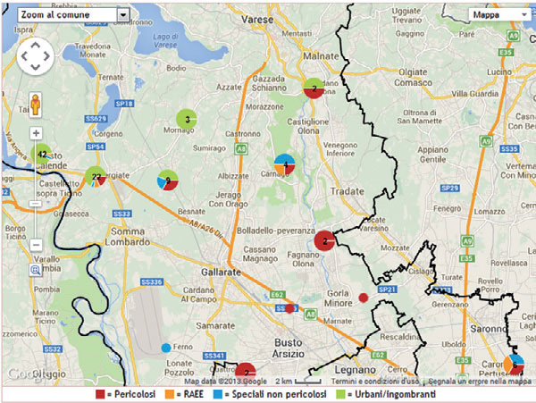 Mappa dell’Abbandono: segnalazioni effettuate nel territorio della Provincia di Varese su sfondo carta fisica